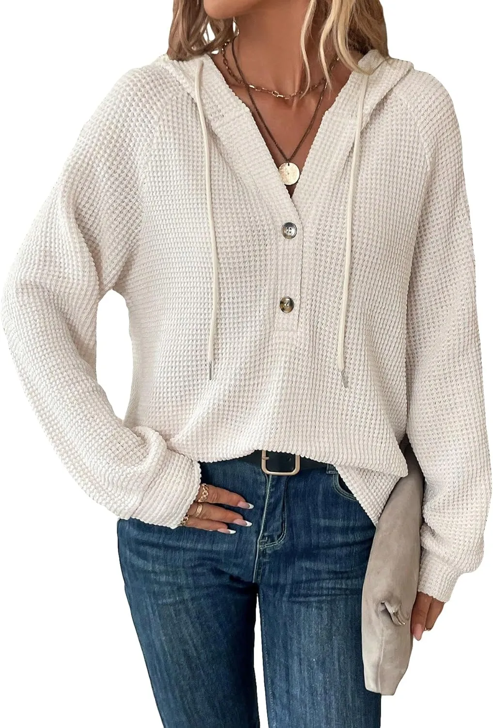 WDIRARA Women's Oversized Hoodies Waffle Knit Sweatshirt V Neck Button Up Hoodie Pullover