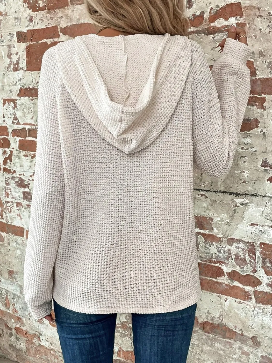 WDIRARA Women's Oversized Hoodies Waffle Knit Sweatshirt V Neck Button Up Hoodie Pullover