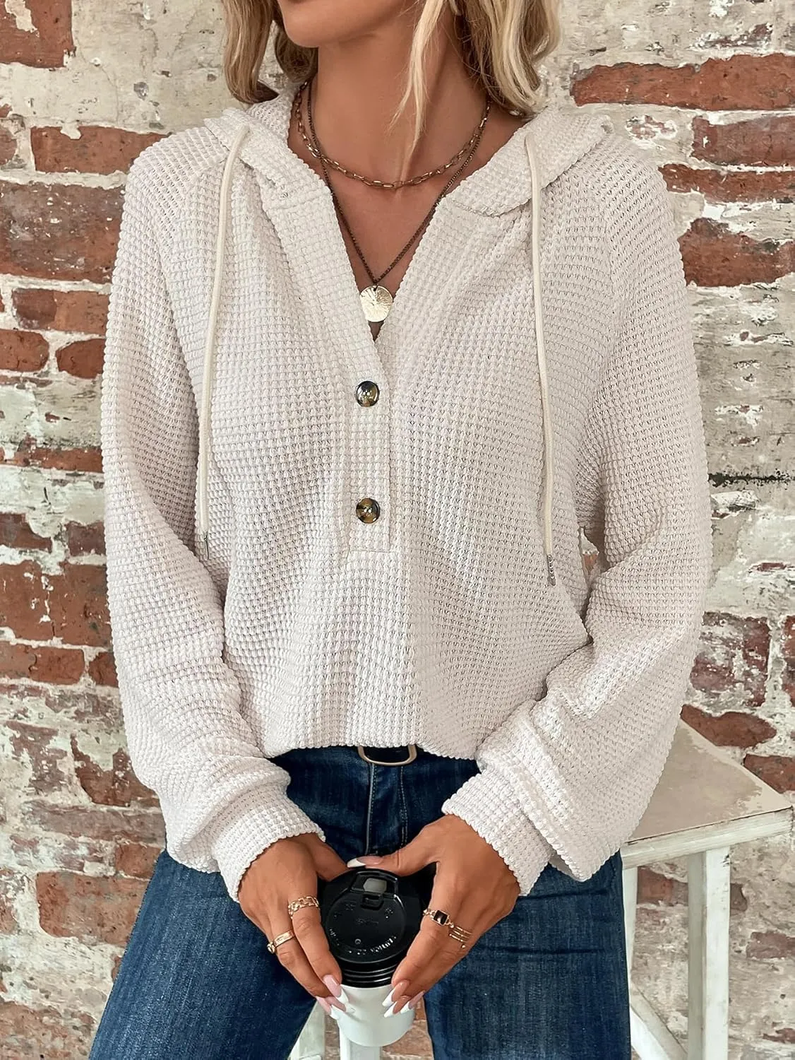 WDIRARA Women's Oversized Hoodies Waffle Knit Sweatshirt V Neck Button Up Hoodie Pullover
