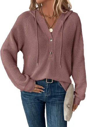 WDIRARA Women's Oversized Hoodies Waffle Knit Sweatshirt V Neck Button Up Hoodie Pullover