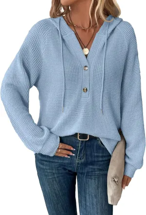 WDIRARA Women's Oversized Hoodies Waffle Knit Sweatshirt V Neck Button Up Hoodie Pullover