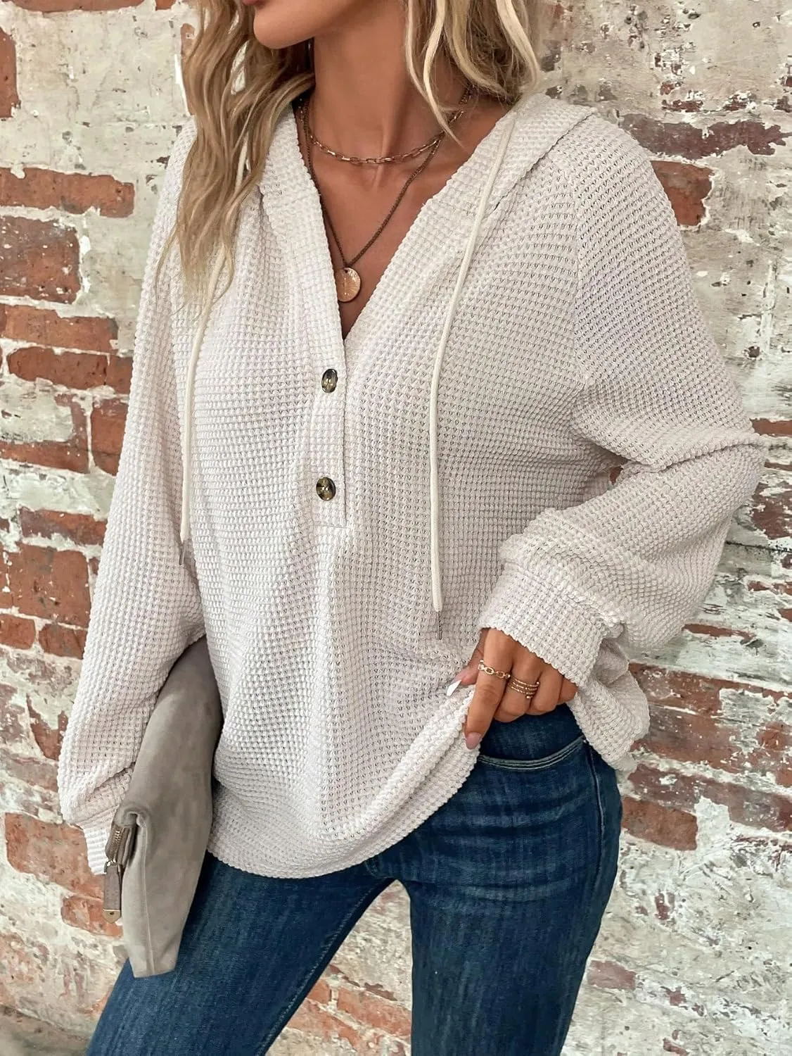 WDIRARA Women's Oversized Hoodies Waffle Knit Sweatshirt V Neck Button Up Hoodie Pullover