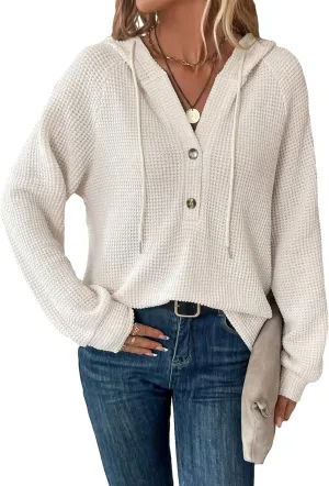 WDIRARA Women's Oversized Hoodies Waffle Knit Sweatshirt V Neck Button Up Hoodie Pullover