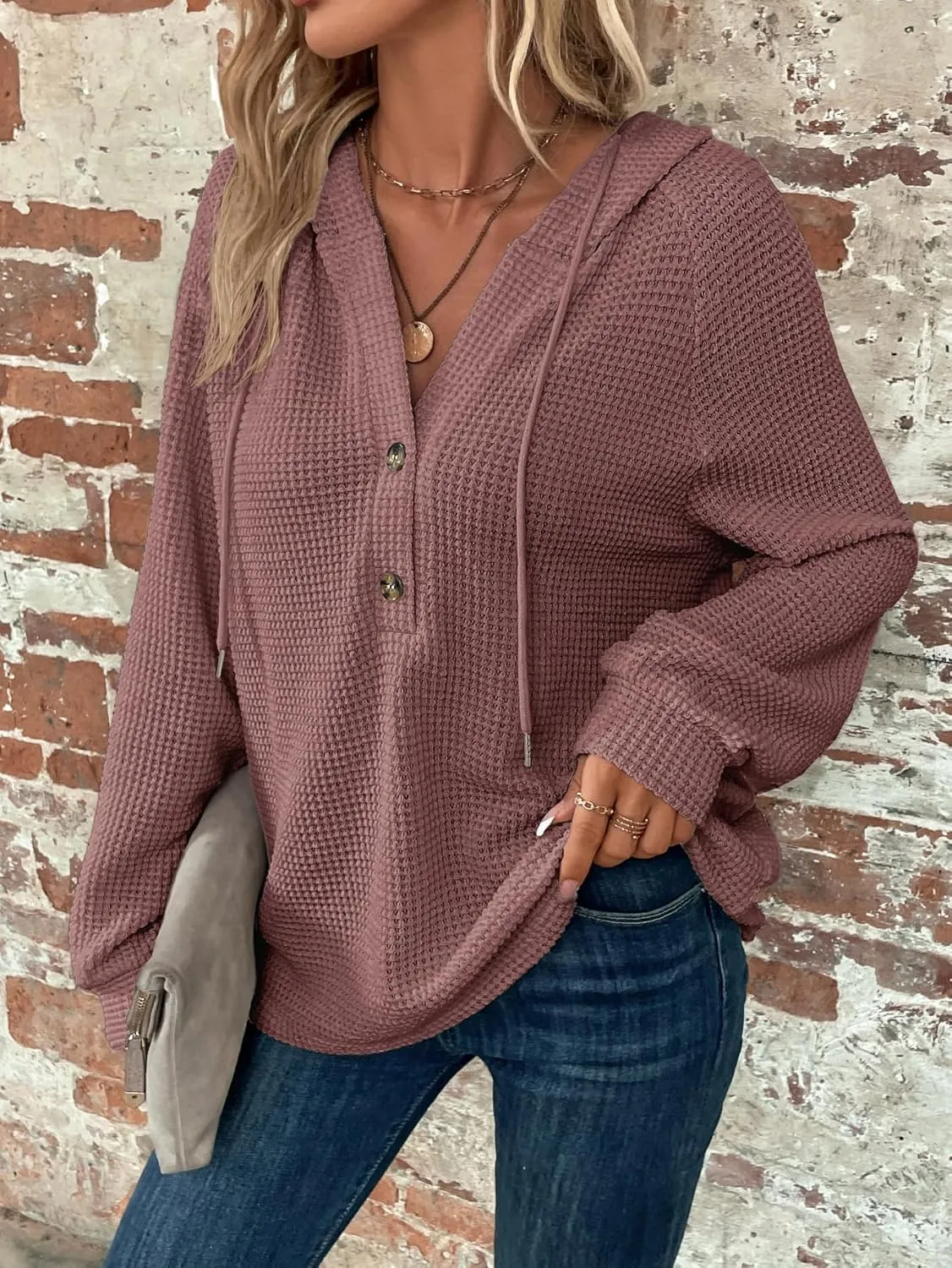 WDIRARA Women's Oversized Hoodies Waffle Knit Sweatshirt V Neck Button Up Hoodie Pullover