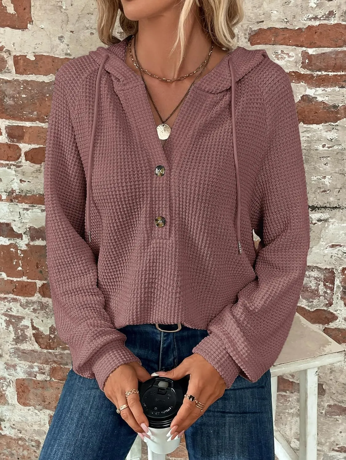 WDIRARA Women's Oversized Hoodies Waffle Knit Sweatshirt V Neck Button Up Hoodie Pullover