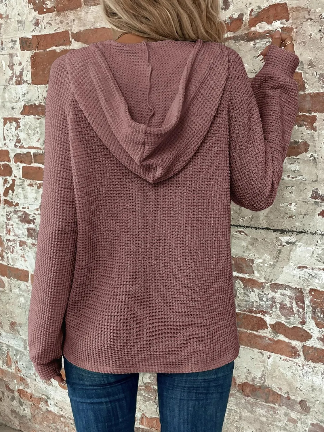 WDIRARA Women's Oversized Hoodies Waffle Knit Sweatshirt V Neck Button Up Hoodie Pullover