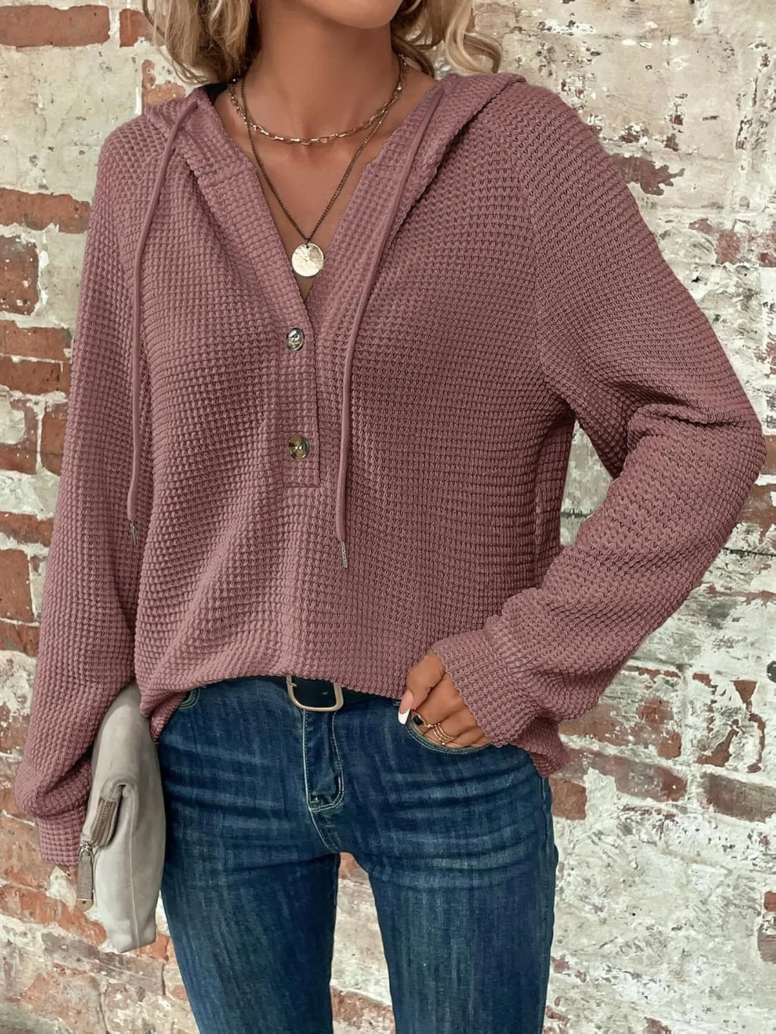 WDIRARA Women's Oversized Hoodies Waffle Knit Sweatshirt V Neck Button Up Hoodie Pullover