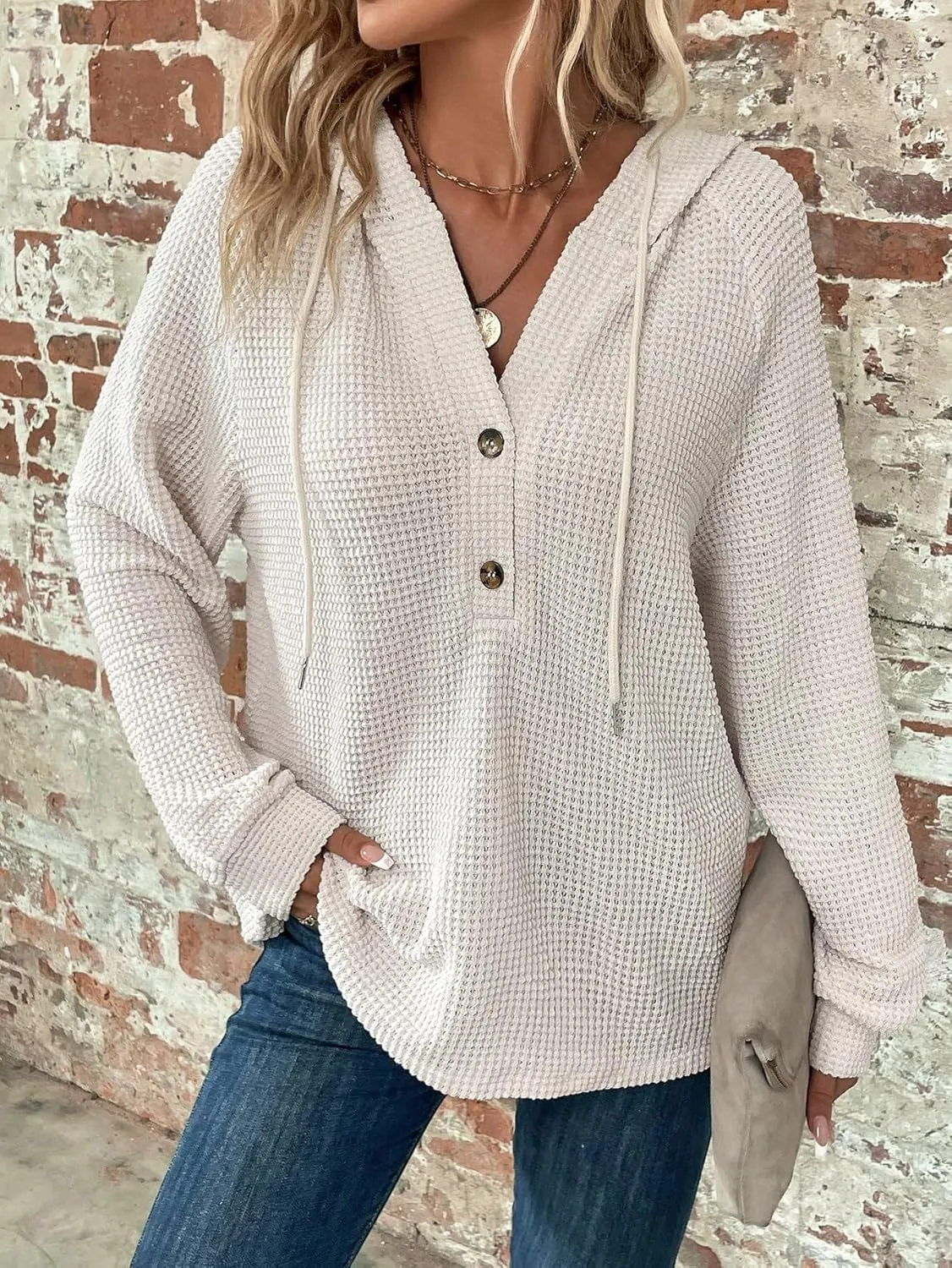 WDIRARA Women's Oversized Hoodies Waffle Knit Sweatshirt V Neck Button Up Hoodie Pullover