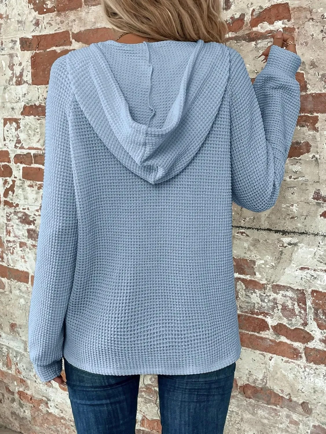 WDIRARA Women's Oversized Hoodies Waffle Knit Sweatshirt V Neck Button Up Hoodie Pullover