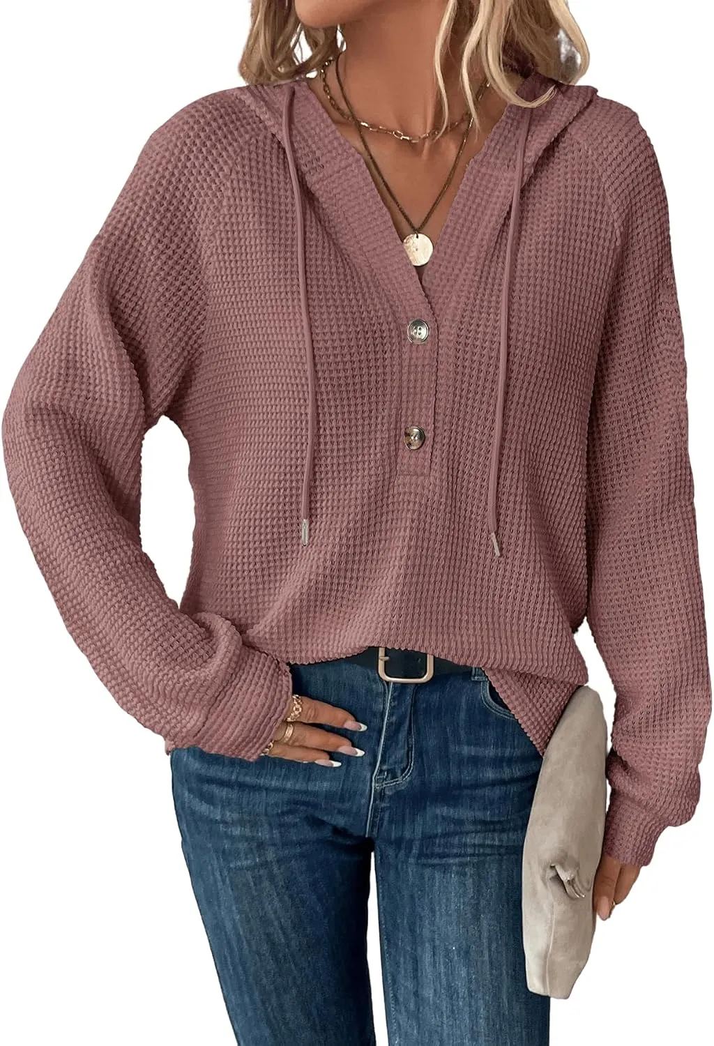 WDIRARA Women's Oversized Hoodies Waffle Knit Sweatshirt V Neck Button Up Hoodie Pullover