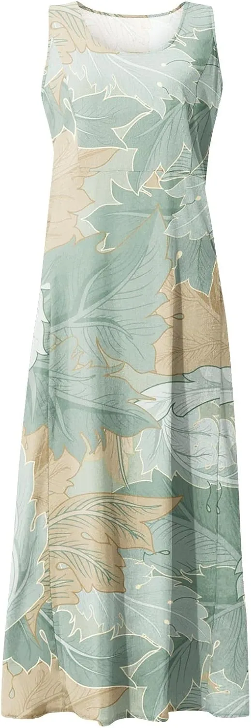 Women Casual Cotton Linen Sleeveless Maxi Dress Ruffle Tank Dresses Flowy Beach Summer Long Sundress with Pockets