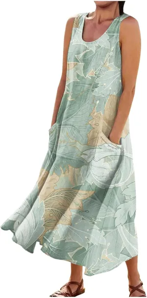 Women Casual Cotton Linen Sleeveless Maxi Dress Ruffle Tank Dresses Flowy Beach Summer Long Sundress with Pockets