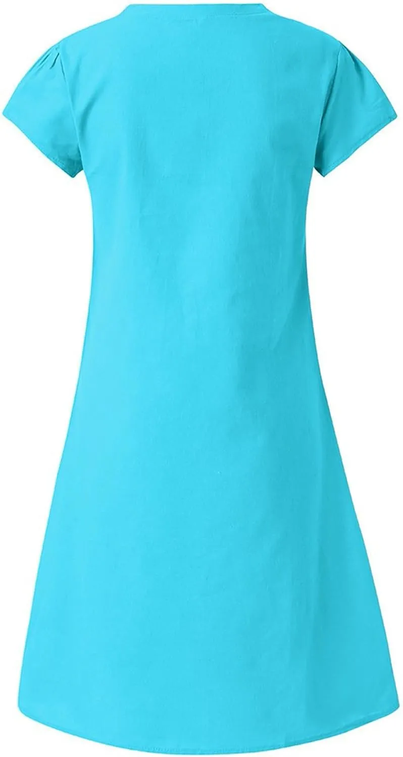 Women Casual Dresses 2025 Ladies Summer Solid Cotton Linen Dress Short Sleeve V-Neck Dress Plus Size Mid-Calf Sundress