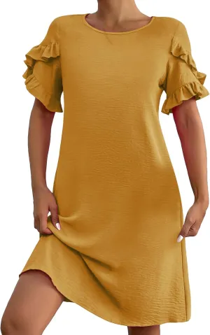 Women Casual Summer Dress Crew Neck Petal Short Sleeve A Line Tunic Mini Dress Dressy Fashion Shift Beach Sundress