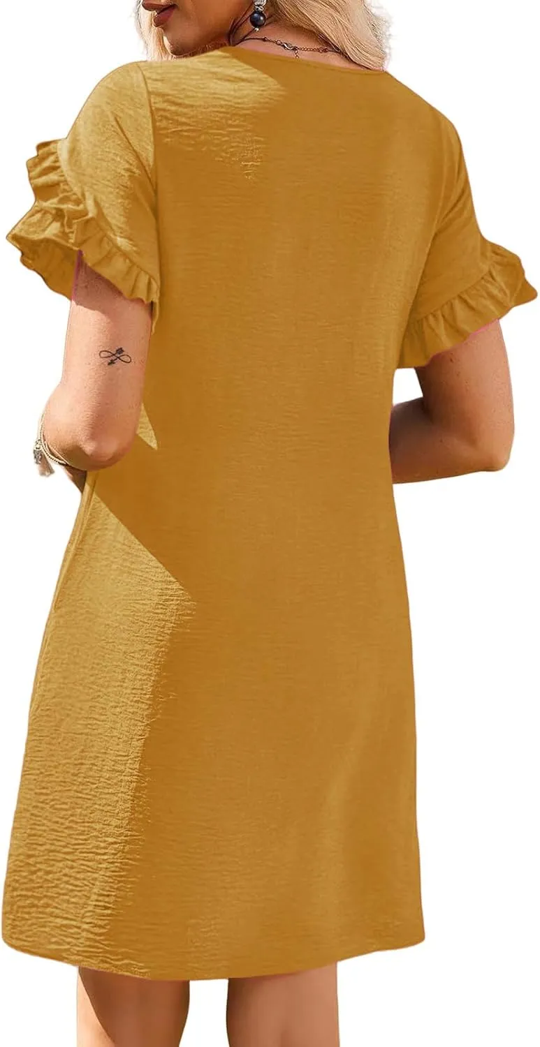 Women Casual Summer Dress Crew Neck Petal Short Sleeve A Line Tunic Mini Dress Dressy Fashion Shift Beach Sundress