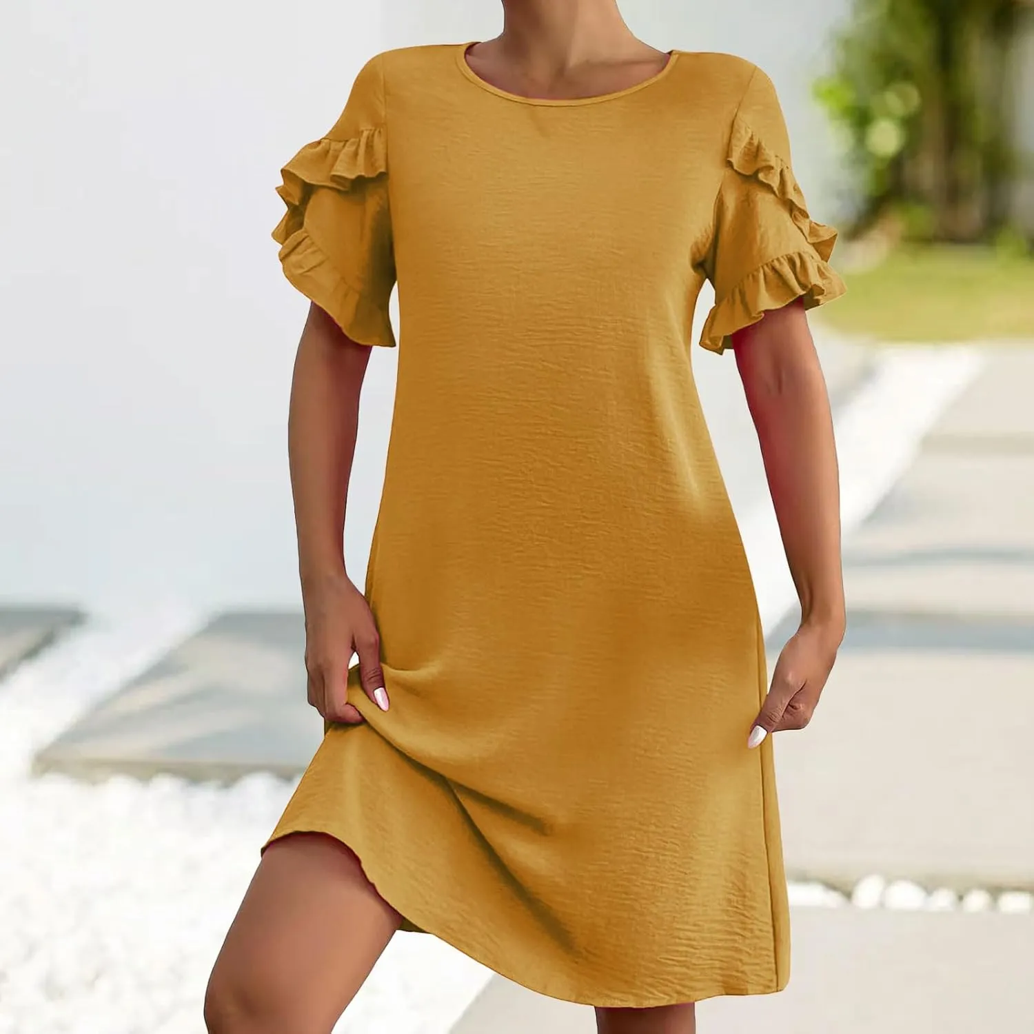 Women Casual Summer Dress Crew Neck Petal Short Sleeve A Line Tunic Mini Dress Dressy Fashion Shift Beach Sundress