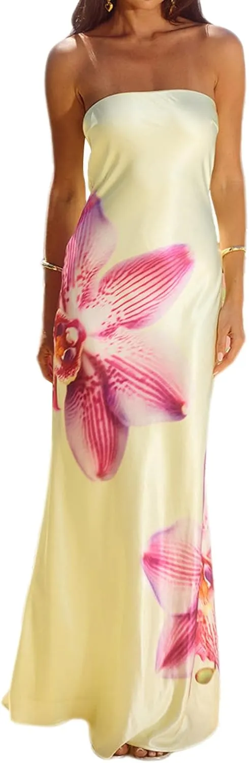 Women Floral Strapless Maxi Dresses Y2K Flower Backless Bodycon Long Tube Top Dress Summer Formal Cocktail Sundress