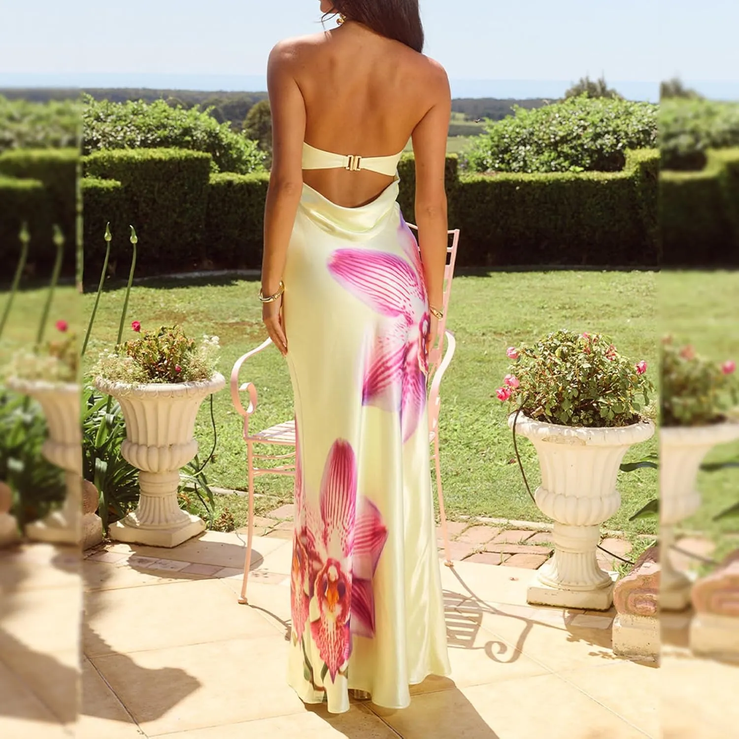 Women Floral Strapless Maxi Dresses Y2K Flower Backless Bodycon Long Tube Top Dress Summer Formal Cocktail Sundress