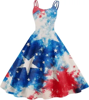 Women Fourth of July Dress Midi Red White and Blue Dresses Spaghetti Strap USA Flag Dress Holiday Festival Dresses