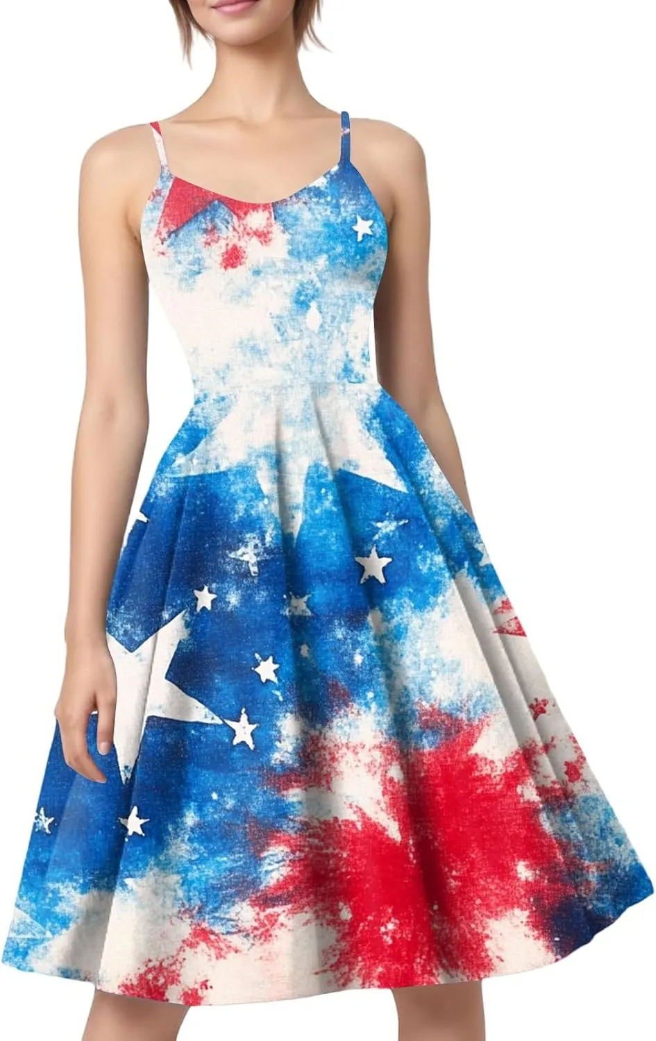 Women Fourth of July Dress Midi Red White and Blue Dresses Spaghetti Strap USA Flag Dress Holiday Festival Dresses