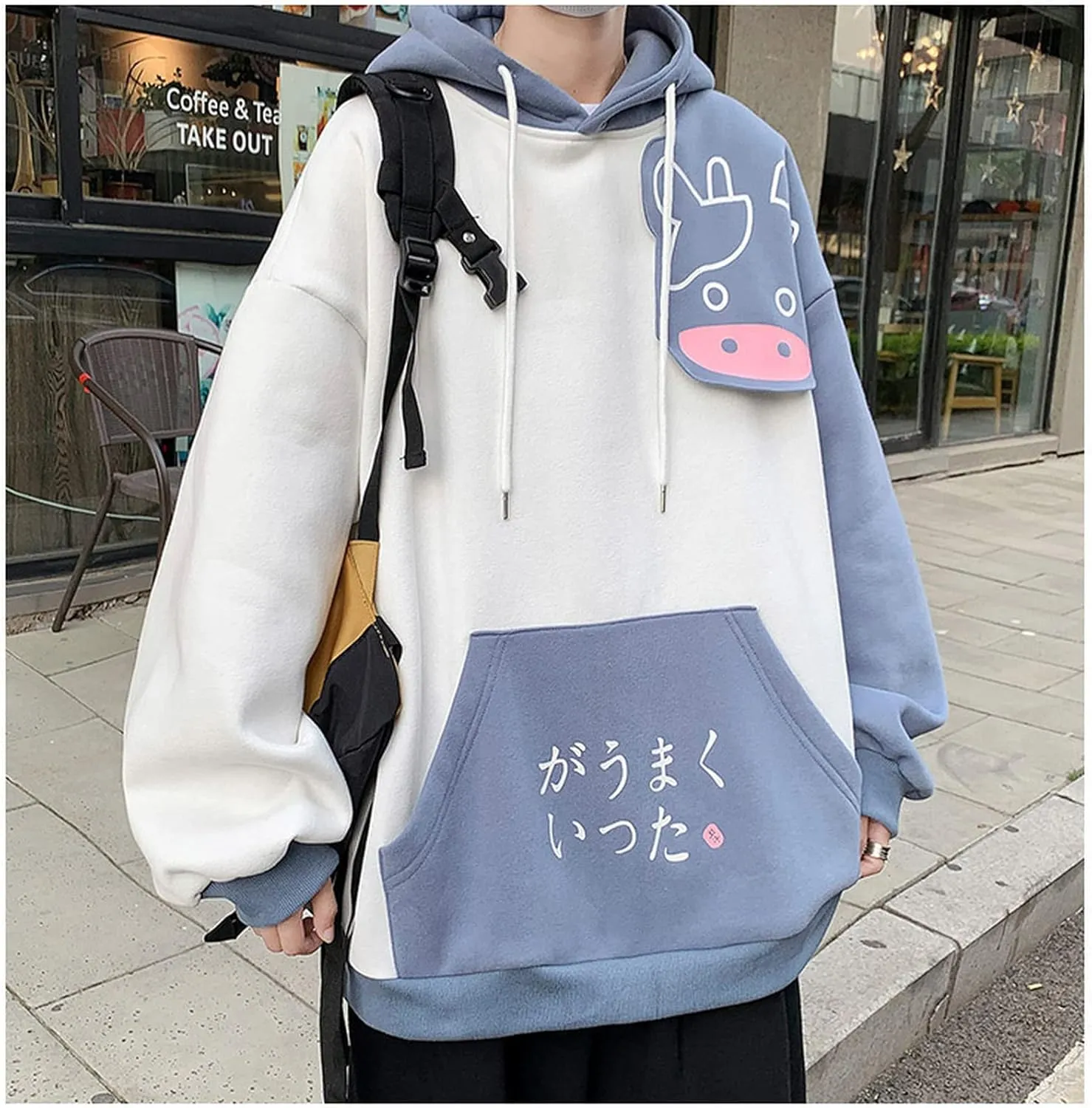 Women Kawaii Milk Cow Hoodie Cute Fleece Japanese Aesthetic Preppy Cartoon Hooded Sweatshirt Sweet Anime Oversize Blouse Top