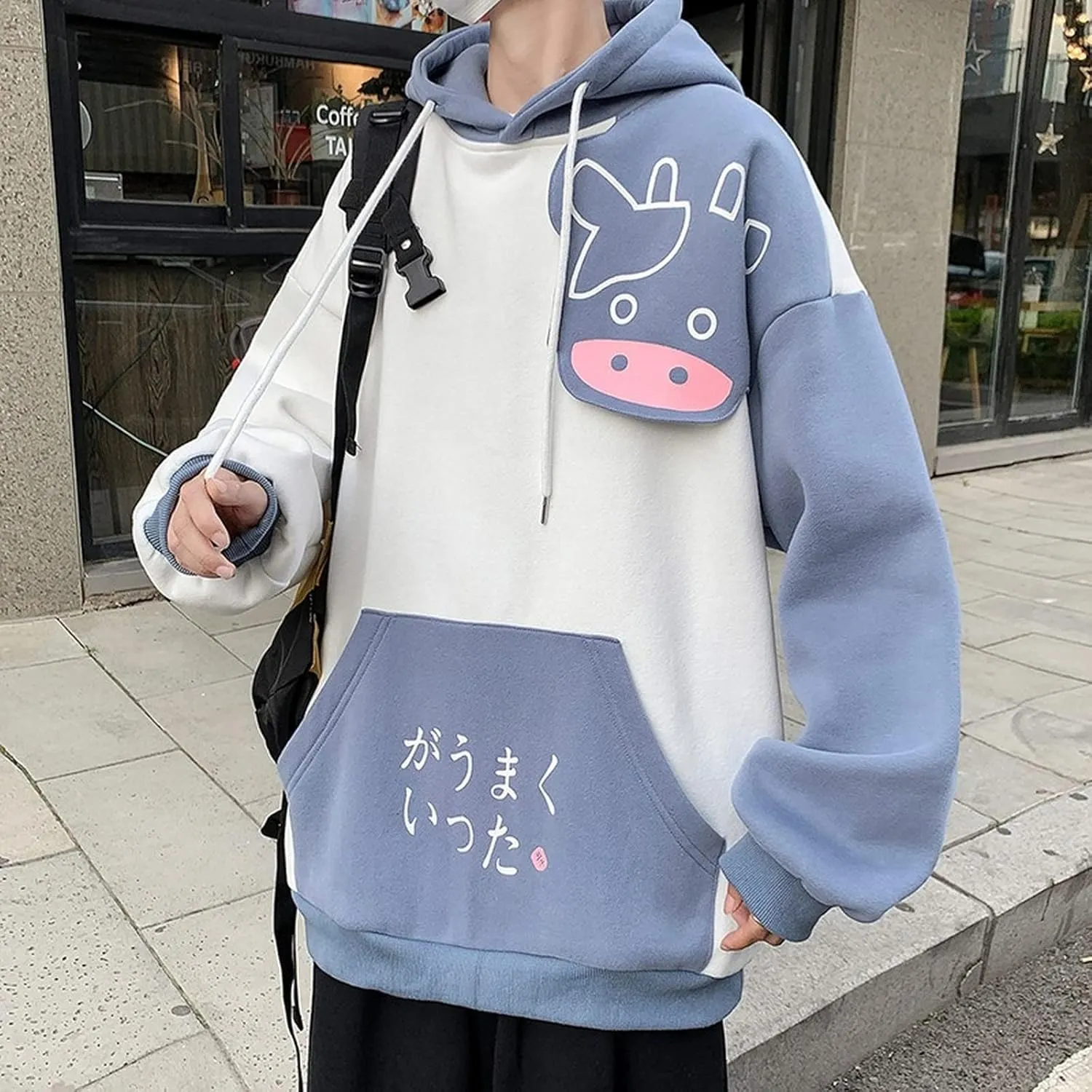 Women Kawaii Milk Cow Hoodie Cute Fleece Japanese Aesthetic Preppy Cartoon Hooded Sweatshirt Sweet Anime Oversize Blouse Top