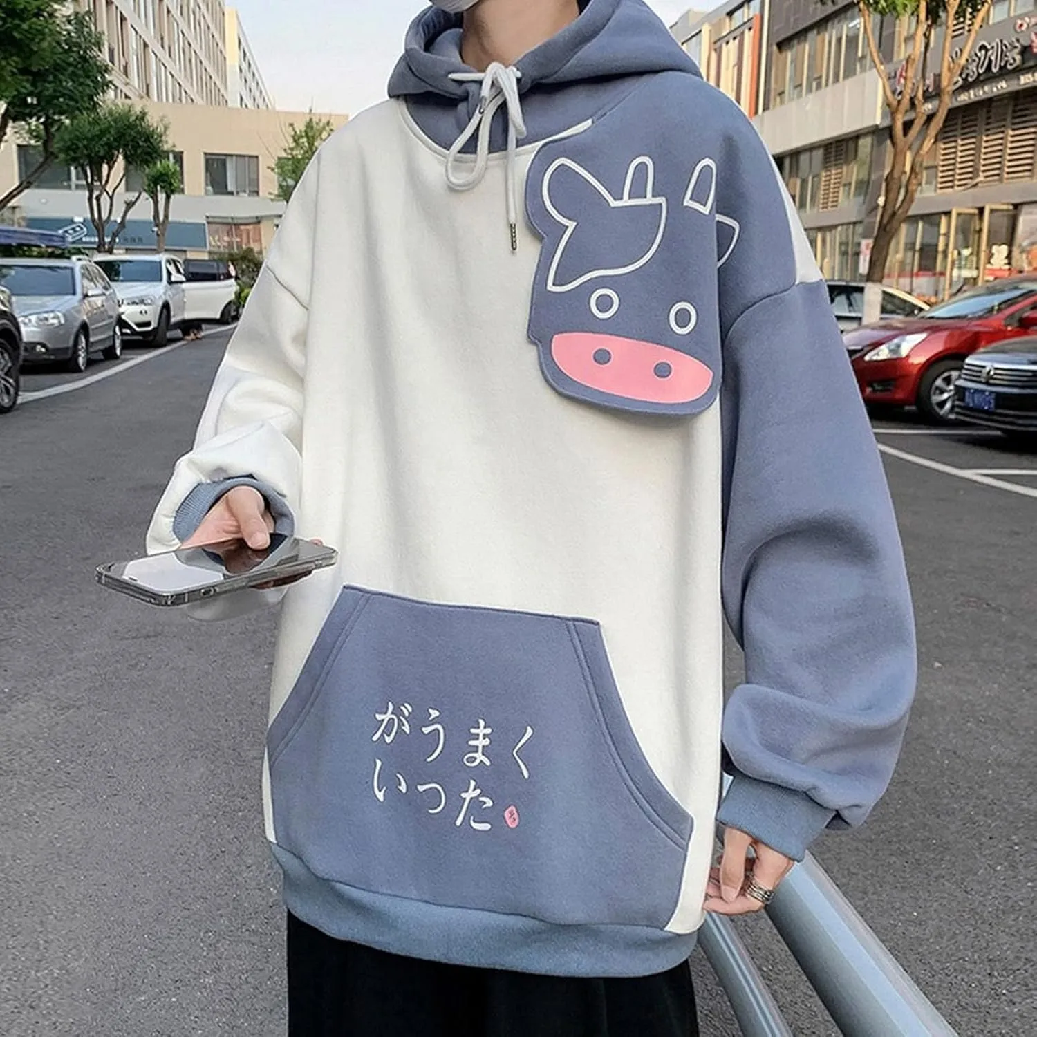 Women Kawaii Milk Cow Hoodie Cute Fleece Japanese Aesthetic Preppy Cartoon Hooded Sweatshirt Sweet Anime Oversize Blouse Top