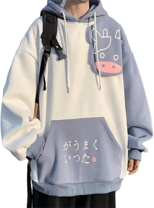 Women Kawaii Milk Cow Hoodie Cute Fleece Japanese Aesthetic Preppy Cartoon Hooded Sweatshirt Sweet Anime Oversize Blouse Top