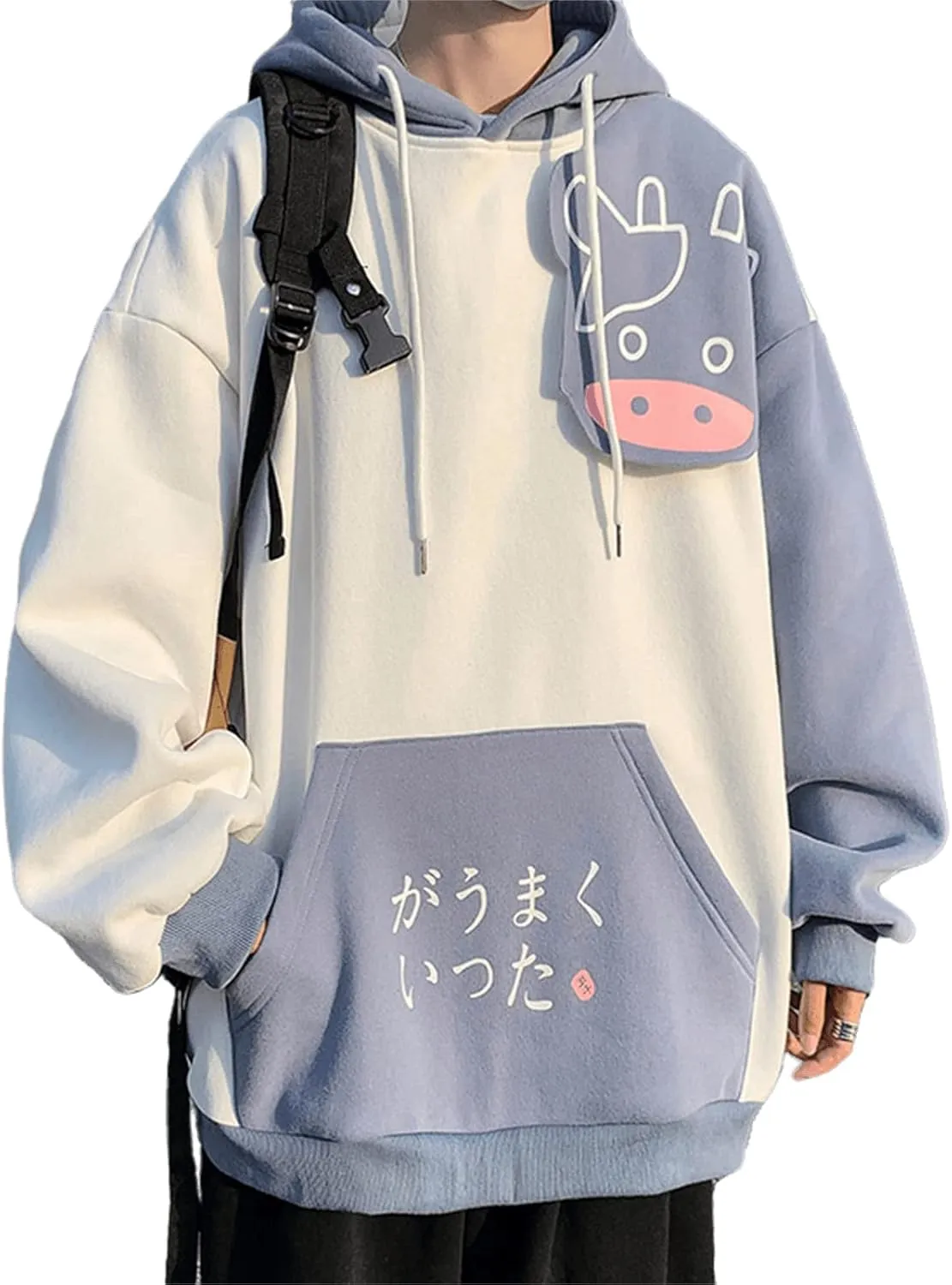 Women Kawaii Milk Cow Hoodie Cute Fleece Japanese Aesthetic Preppy Cartoon Hooded Sweatshirt Sweet Anime Oversize Blouse Top