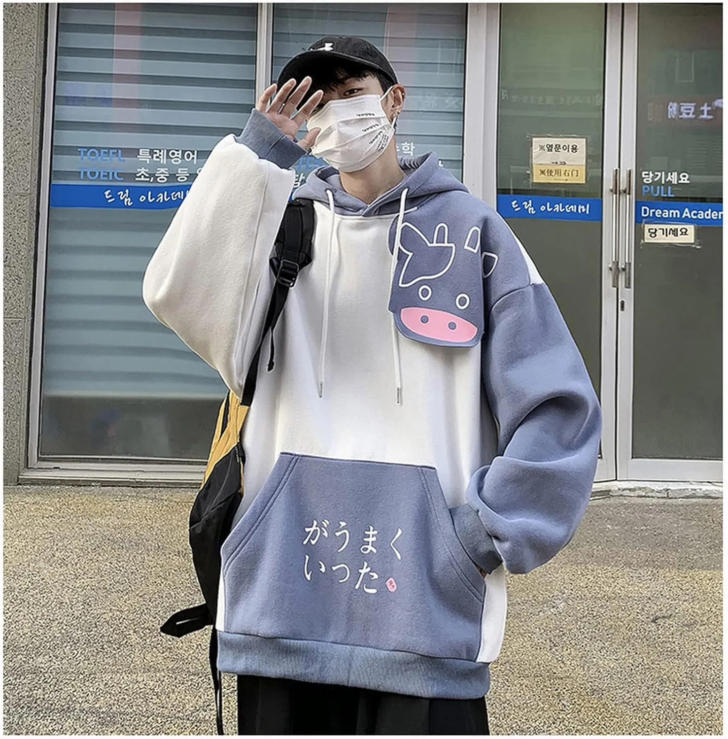 Women Kawaii Milk Cow Hoodie Cute Fleece Japanese Aesthetic Preppy Cartoon Hooded Sweatshirt Sweet Anime Oversize Blouse Top