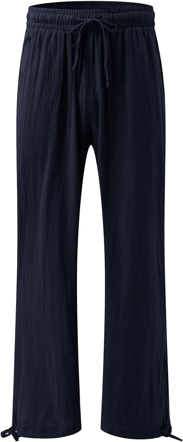 Women Linen Palazzo Pants Summer Boho Wide Leg High Waist Elastic Drawstring Casual Lounge Pant Trousers with Pockets