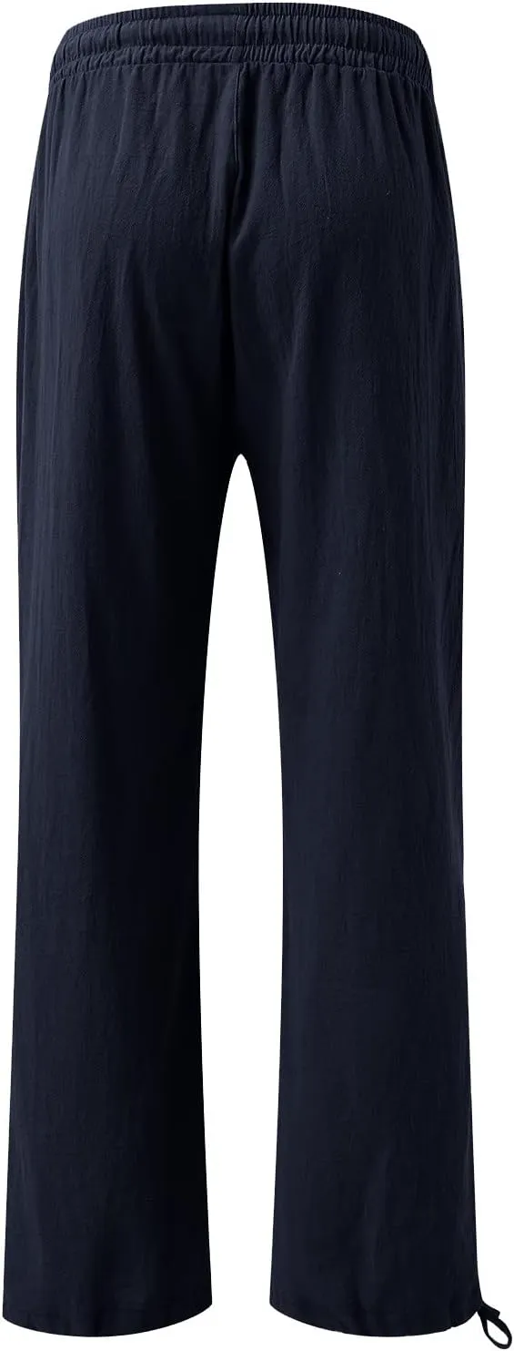 Women Linen Palazzo Pants Summer Boho Wide Leg High Waist Elastic Drawstring Casual Lounge Pant Trousers with Pockets