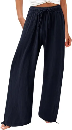 Women Linen Palazzo Pants Summer Boho Wide Leg High Waist Elastic Drawstring Casual Lounge Pant Trousers with Pockets