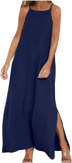 Women Summer Casual Loose Sleeveless Sundress Spaghetti Strap Flowy Boho Linen Beach Vacation Maxi Long Dress