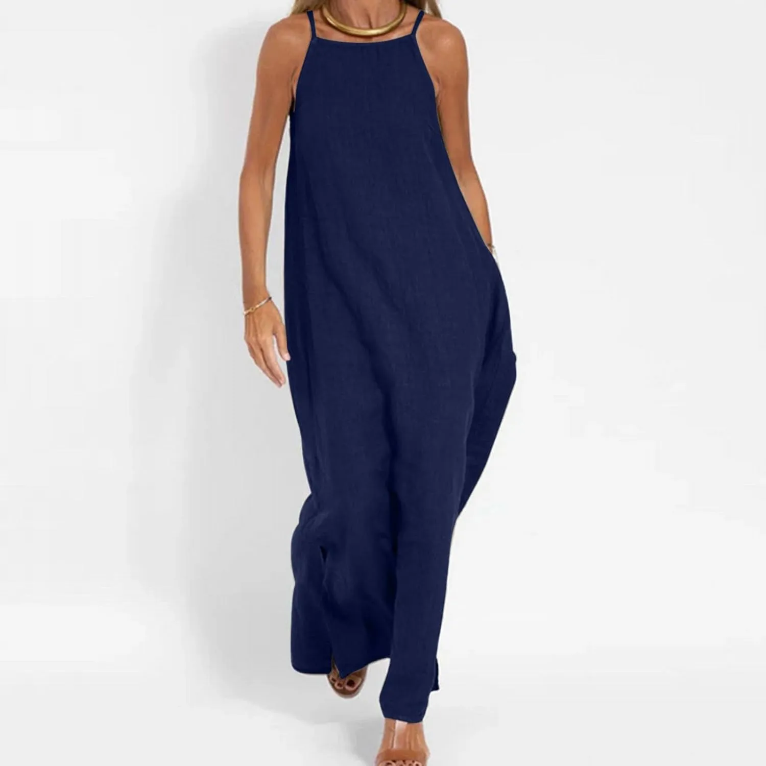 Women Summer Casual Loose Sleeveless Sundress Spaghetti Strap Flowy Boho Linen Beach Vacation Maxi Long Dress