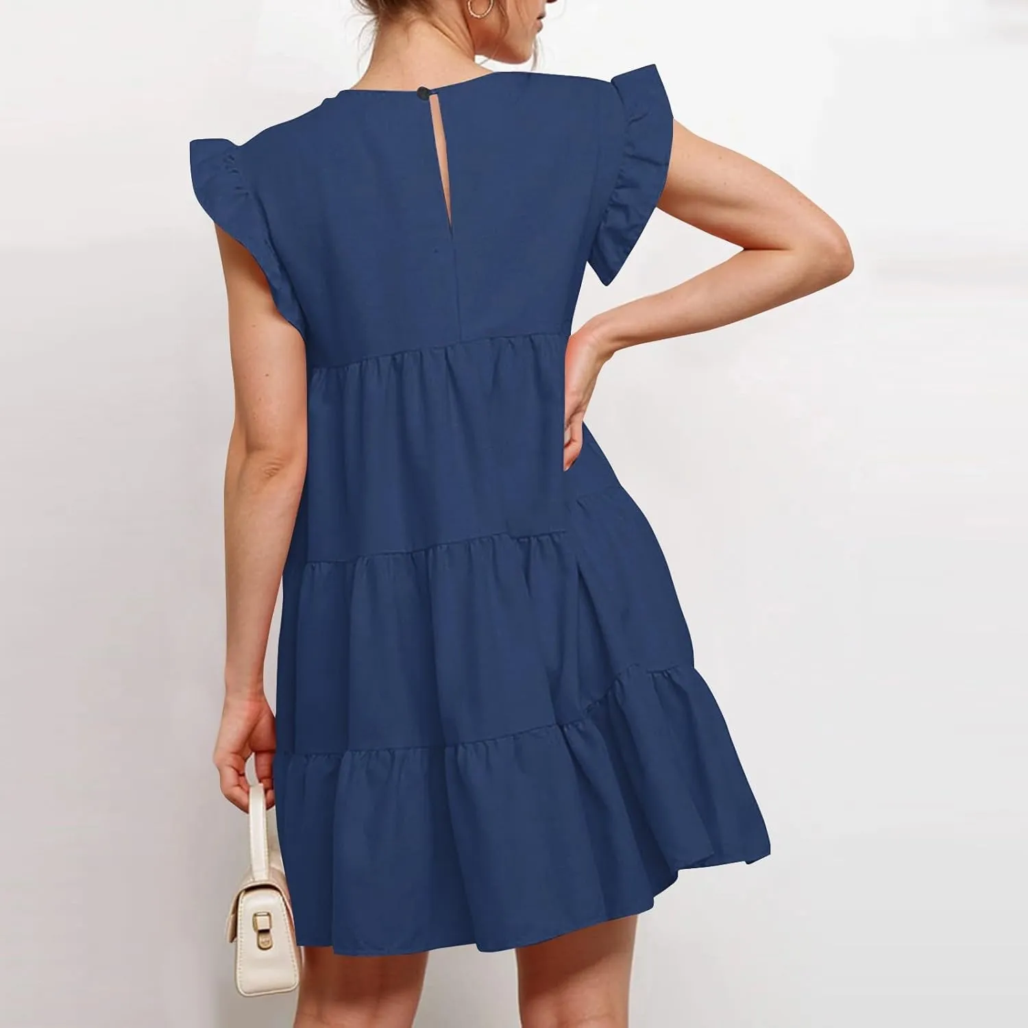 Women Summer Dress Casual Crew Neck Cap Sleeve Ruffle Tiered Babydoll Mini Dresses Solid Color Beach Party Sundress