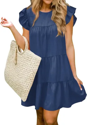 Women Summer Dress Casual Crew Neck Cap Sleeve Ruffle Tiered Babydoll Mini Dresses Solid Color Beach Party Sundress