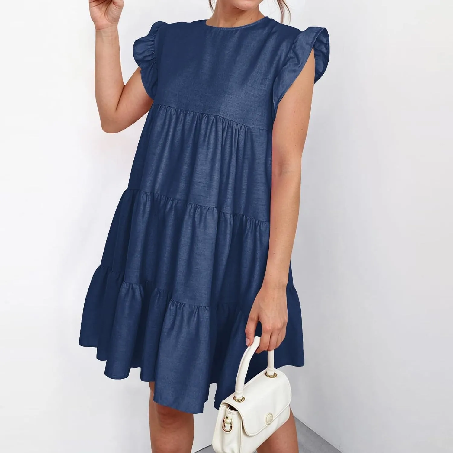 Women Summer Dress Casual Crew Neck Cap Sleeve Ruffle Tiered Babydoll Mini Dresses Solid Color Beach Party Sundress