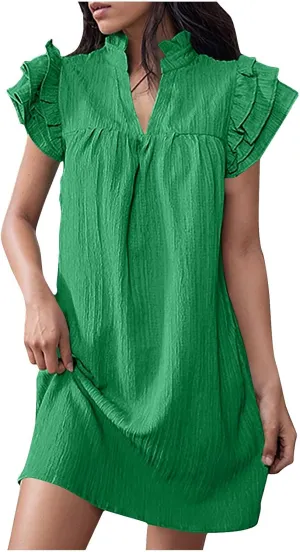 Women Summer Mini Dress Flutter Short Sleeve Casual Tunic Dresses Ruffle Stand Collar A Line T-Shirt Dress Sundress