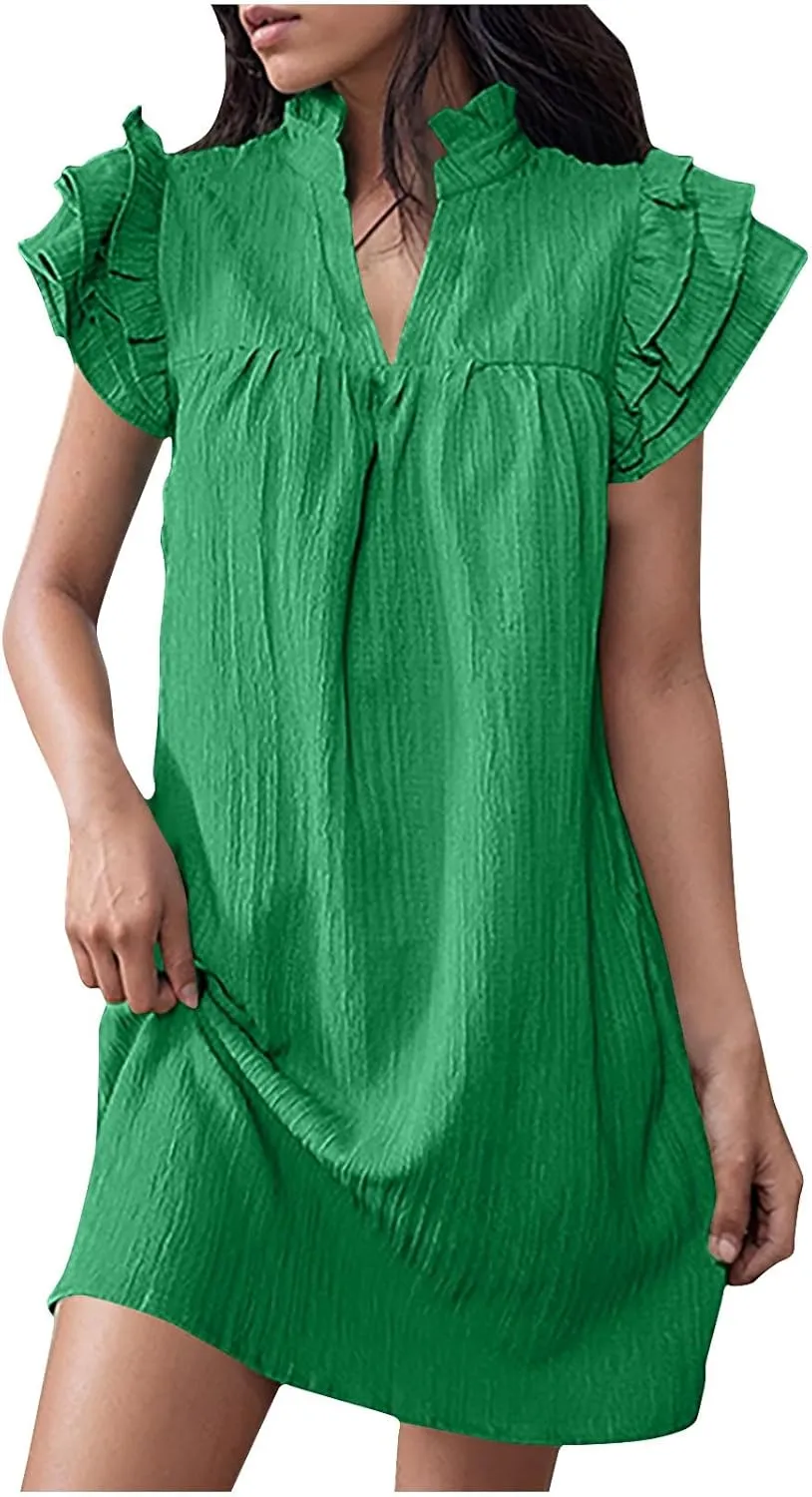 Women Summer Mini Dress Flutter Short Sleeve Casual Tunic Dresses Ruffle Stand Collar A Line T-Shirt Dress Sundress
