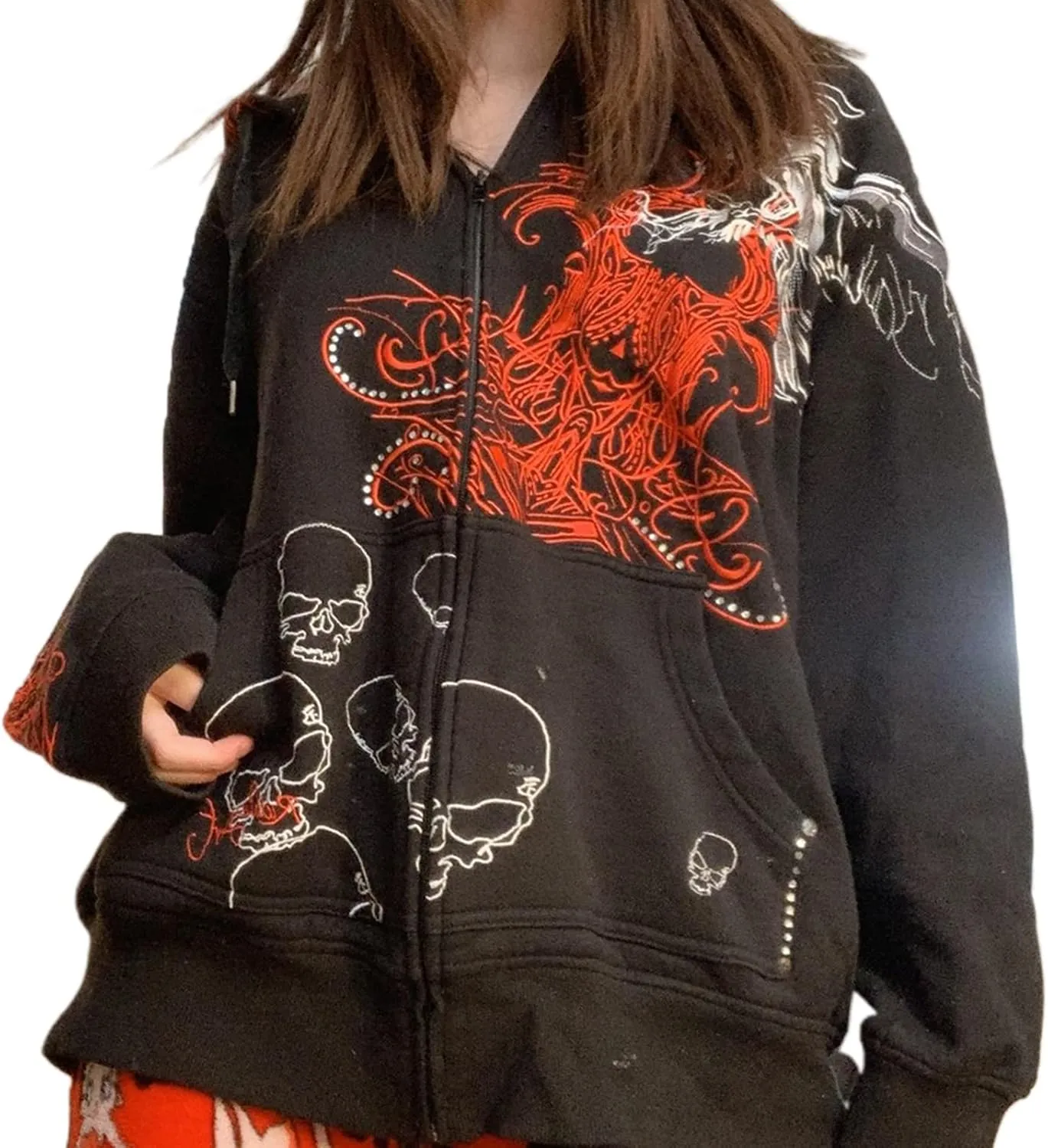 Women Zip Up Hoodie Y2k Vintage Skeleton Graphic Oversized Hooded Sweatshirt Aesthetic Jacket Grunge Clothes
