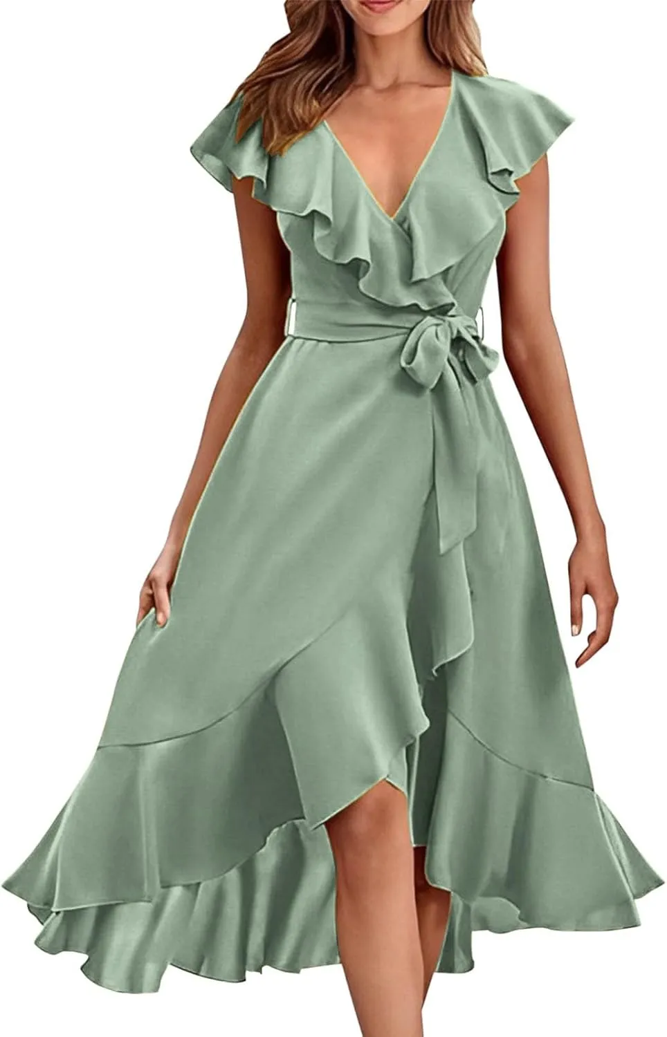 Women's 2025 Summer Lacing Wrap Maxi Dress Casual Boho Deep V Neck Short Sleeve Ruffle Hem Split Beach Long Dresses