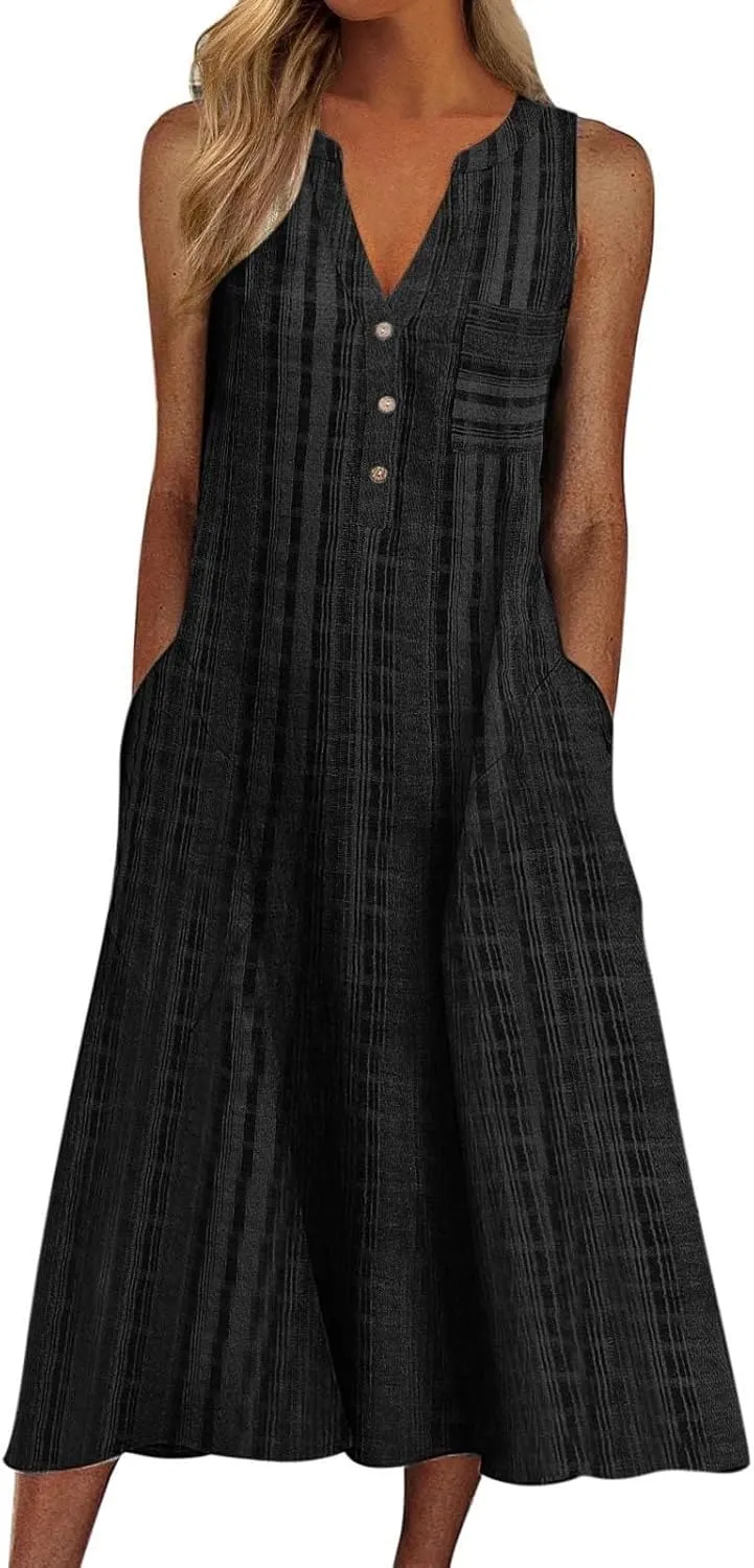 Women's Boho Floral Striped Polka Dot Tank Dress Summer V Neck Button Down Sleeveless Midi Dresses Casual Sundress