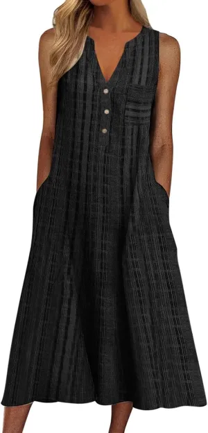 Women's Boho Floral Striped Polka Dot Tank Dress Summer V Neck Button Down Sleeveless Midi Dresses Casual Sundress