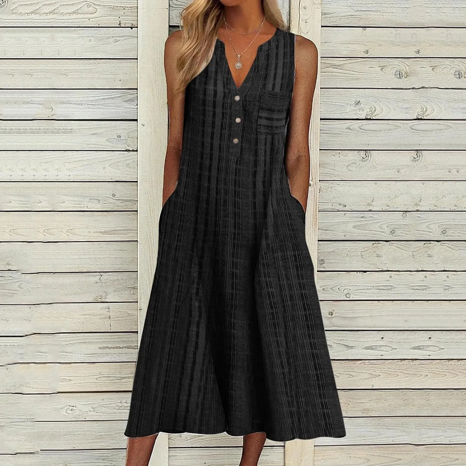 Women's Boho Floral Striped Polka Dot Tank Dress Summer V Neck Button Down Sleeveless Midi Dresses Casual Sundress