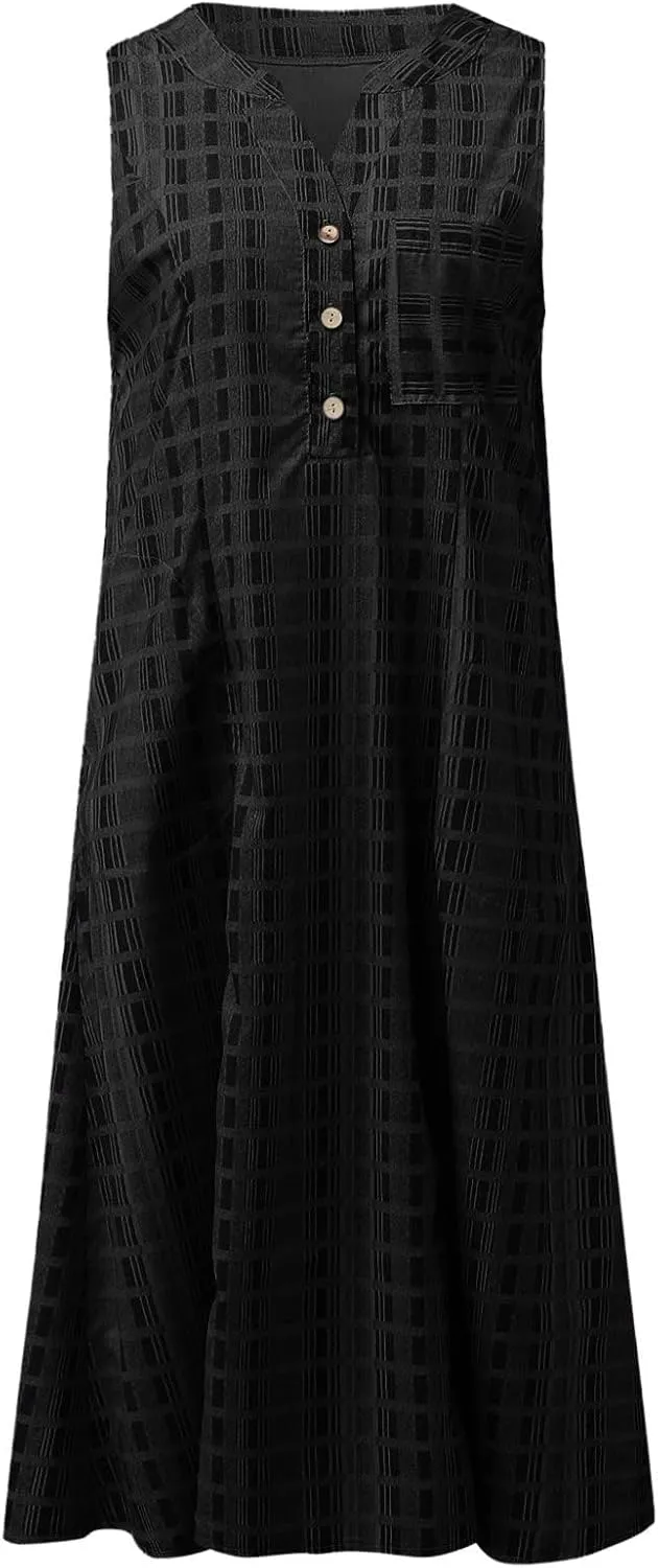 Women's Boho Floral Striped Polka Dot Tank Dress Summer V Neck Button Down Sleeveless Midi Dresses Casual Sundress