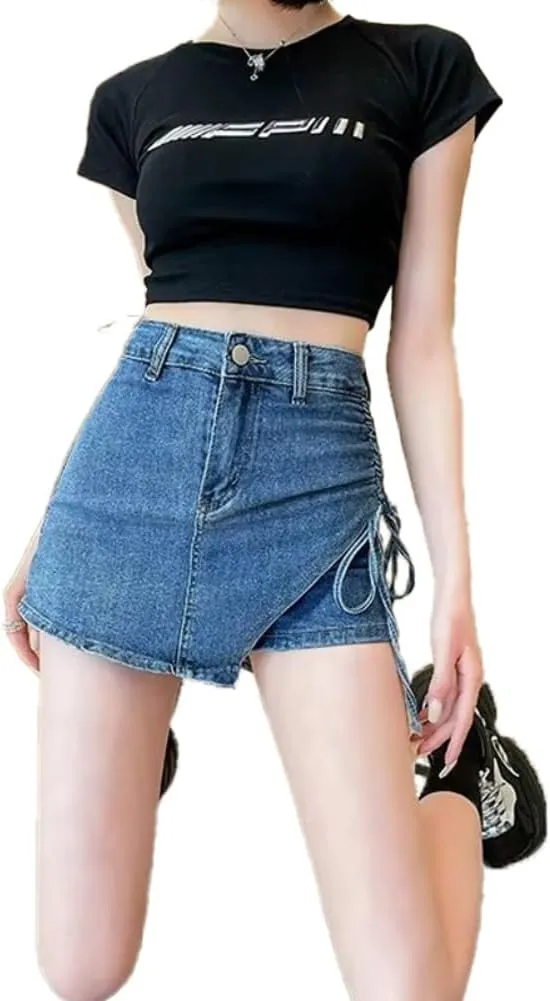 Women's Casual Denim Skirt with Drawstring Design,Plus Size Skirt US XS-4XL
