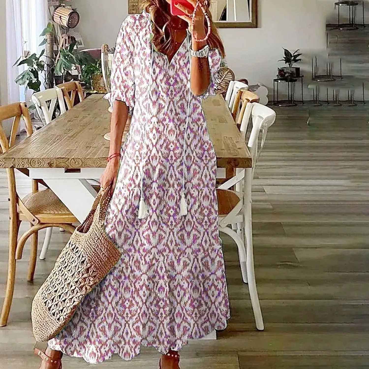 Women's Casual Loose Bohemian Floral Dresses 2024 3/4 Sleeve V Neck Ruffle A Line Flowy Summer Beach Dress