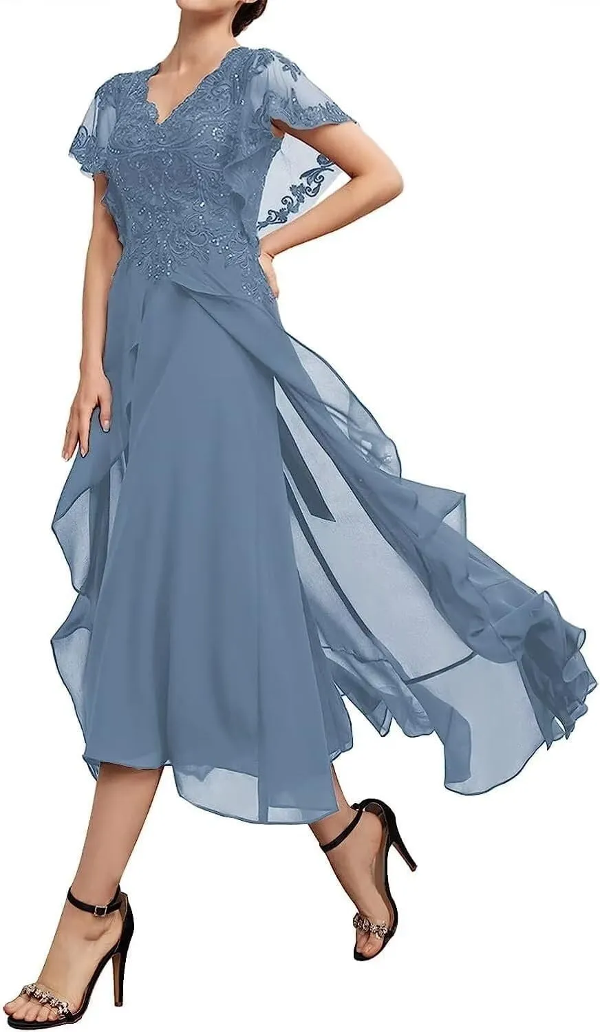 Women's Chiffon Mother of The Bride Dresses Tea Length with Sleeves Lace High Low Long Formal Evening Gowns