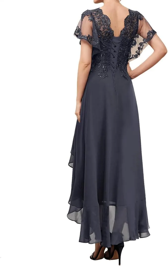 Women's Chiffon Mother of The Bride Dresses Tea Length with Sleeves Lace High Low Long Formal Evening Gowns